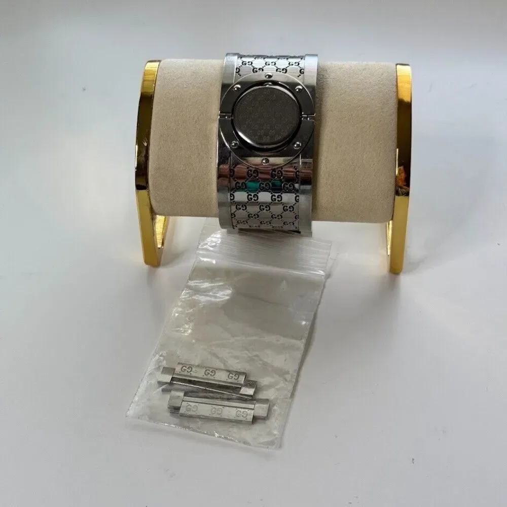 Gucci Wide Twirl Watch Bangle Silver Emboss Logo Swiss Made Mother Of Pearl 90s
